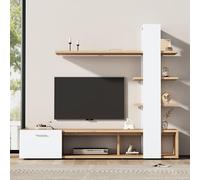 Ropilly Ensemble Meuble TV Blanc et Bois, 180 cm, 3 étagères | Rangements ouverts et fermés, porte à vérin hydraulique et trois dispositifs anti-basculement pour le salon