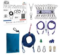 Rop'in Wood: Corde a Linge Exterieur Intérieur 10M Anti-Noeud, 1 Sac, 10 Pinces à Linge INOX, 2 Attaches Arbre/Corde, 2 Crochets, 3 Mousquetons, 2en1 pour Buanderie, Voyage, Camping, Made in France