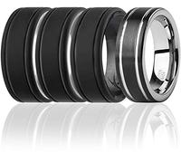 ROQ - 4 Pack - 3 Silicone & 1 Tungsten Carbide Wedding Rings for Men - Mens Silicone Ring for Work/Sport, Tungsten Band for Events - Duo Lines Style - Black Camo, Grey, Black, Silver - Size 12