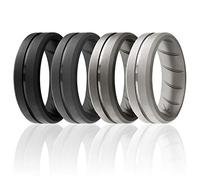 ROQ Alliance en caoutchouc de silicone pour homme, alliance pour homme, bague de fiançailles en caoutchouc respirant, 2 lignes fines et moyennes, bord biseauté et duo gravé, multicolore, 15, Silicone