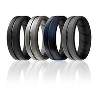 ROQ Silicone Rings, Breathable Silicone Rubber Wedding Ring Band for Men with Comfort-Fit Design, 8mm Engraved Duo, 4 Pack, Silicone Wedding Ring - Silver, Black-Blue Camo Colors - Size 16