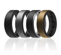 ROQ Silicone Rings, Breathable Silicone Rubber Wedding Ring Band for Men with Comfort-Fit Design, 8mm Step Edge, 4 Pack, Silicone Wedding Ring - Black, Silver, Bronze Colors - Size 10