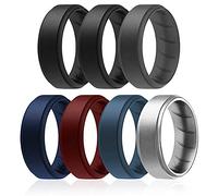 ROQ Silicone Rings, Breathable Silicone Rubber Wedding Ring Band for Men with Comfort-Fit Design, 8mm Step Edge, 7 Pack, Silicone Wedding Ring - Black, Grey, Blue, Maroon, Silver Colors - Size 13