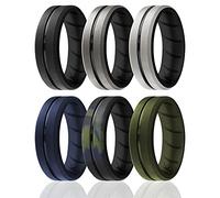 ROQ Silicone Rings, Breathable Silicone Rubber Wedding Ring Band for Men with Comfort-Fit Design, 8mm Engraved Duo, 6 Pack, Silicone Wedding Ring - Black, Silver, Blue, Green Colors - Size 15