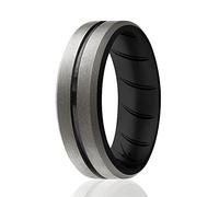 ROQ Silicone Rings, Breathable Silicone Rubber Wedding Ring Band for Men with Comfort-Fit Design, 8mm Engraved Duo, Silicone Wedding Ring - Black, Beveled Metallic Platinum Colors - Size 16