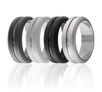 ROQ Silicone Wedding Ring for Men, Set of 4 Elegant, Affordable Silicone Rubber Wedding Bands, Brushed Top Beveled Edges -Black, Grey, Silver, Light Grey - Size 15