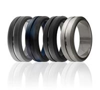ROQ Silicone Wedding Ring for Men, Set of 4 Elegant, Affordable Silicone Rubber Wedding Bands, Brushed Top Beveled Edges -Black, Grey, Black-Blue Camo, Beveled Metallic Platinum - Size 9