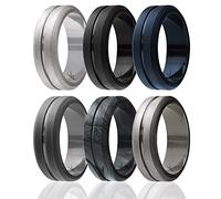 ROQ Silicone Wedding Ring for Men, Set of 6 Elegant, Affordable Silicone Rubber Wedding Bands, Brushed Top Beveled Edges - Medical Grade Silicone - Silver, Black, Blue, Marble, Grey Colors - Size 15
