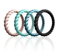 ROQ Silicone Wedding Ring For Women, Affordable Braided Stackable Silicone Rubber Wedding Bands, 4 Pack - Medical Grade Silicone - Aqua, Black, Rose Gold Colors - Size 7