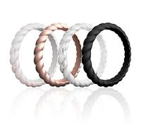 ROQ Silicone Wedding Ring For Women, Affordable Braided Stackable Silicone Rubber Wedding Bands, 4 Pack - Medical Grade Silicone - Marble, Black, Rose Gold Colors - Size 9