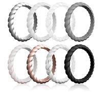 ROQ Silicone Wedding Ring For Women, Affordable Braided Stackable Silicone Rubber Wedding Bands, 8 Pack - Medical Grade Silicone - Black, White, Silver, Marble, Grey, Rose Gold Colors - Size 11