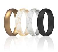 ROQ Silicone Wedding Ring For Women, Set of 4 Affordable Comfort Fit 6mm Love Metallic Silicone Rubber Wedding Bands - Marble, Bronze marble, Black, Bronze - Size 6