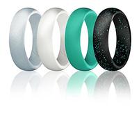 ROQ Silicone Wedding Ring for Women, Set of 4 Silicone Rubber Wedding Bands - Black with Glitter Sparkle Teal, Teal Turquoise, White, Metal Look Silver - Size 9