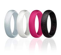 ROQ Silicone Wedding Ring For Women, Set of 4 Silicone Rubber Wedding Bands - Black with Glitter Sparkle Pink, Pink, White, Metal Look Silver - Size 8