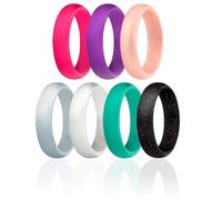 ROQ Silicone Wedding Ring For Women, Set of 7 Silicone Rubber Wedding Bands - Black with Glitter Sparkle Pink Turquoise, White, Metal Look Silver, Purple, Pink, Rose Gold - Size 11