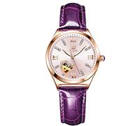 RORIOS Élégante Montre Femme Mécanique Automatique Montre avec Bracelet en Cuir Lumineuses Montre-Bracelet pour Femmes Filles(Rose)