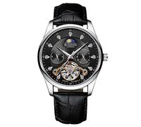 RORIOS Homme Tourbillon Automatique Montre Diamant Squelette de Poignet Imperméable Mécanique Luminous Phase Lune Bracelet en Cuir Noir Blanc B
