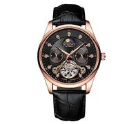 RORIOS Homme Tourbillon Automatique Montre Diamant Squelette de Poignet Imperméable Mécanique Luminous Phase Lune Bracelet en Cuir Noir Or Rose A