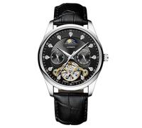 RORIOS Homme Tourbillon Automatique Montre Diamant Squelette de Poignet Imperméable Mécanique Luminous Phase Lune Bracelet en Cuir Noir Blanc B
