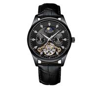 RORIOS Homme Tourbillon Automatique Montre Diamant Squelette de Poignet Imperméable Mécanique Luminous Phase Lune Bracelet en Cuir Noir Blanc A