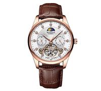 RORIOS Homme Tourbillon Automatique Montre Diamant Squelette Montre de Poignet Imperméable Mécanique Montre Luminous Phase Lune Bracelet en Cuir Brun Blanc A