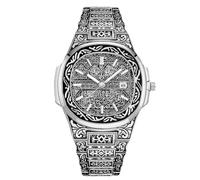 RORIOS Montre à Calligraphie Islamique Homme Bracelet en Acier Inoxydable Affichage Date & Cadran Gravé Orné Montres de Mode Religieuse Argent