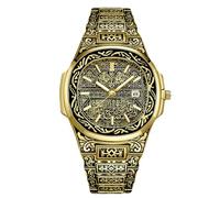 RORIOS Montre à Calligraphie Islamique Homme Bracelet en Acier Inoxydable Affichage Date & Cadran Gravé Orné Montres de Mode Religieuse Or