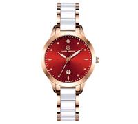 RORIOS Montre Acier Inoxydable pour Femmes, Mouvement Quartz, Bracelet Céramique, Classique Habillée, Analogique Rouge A