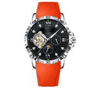 RORIOS Montre de Poignet Tourbillon Mécanique Montres Multifonction pour Homme Mode Automatique Watch Élégant Bracelet en Silicone Orange
