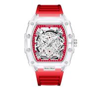 RORIOS Montre de Poignet Transparent Tonneau pour Homme Analogique Quartz Bracelet Mode Silicone Lumineuse avec Calendrier Rouge