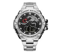 RORIOS Montre Électronique Double Affichage pour Homme 5ATM Étanche Digitale Quartz Multifonction Militaire Bracelet Acier Inoxydable Noir Argent