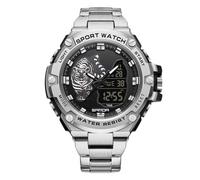 RORIOS Montre Électronique Double Affichage pour Homme 5ATM Étanche Digitale Quartz Multifonction Militaire Bracelet Acier Inoxydable Noir Argent A