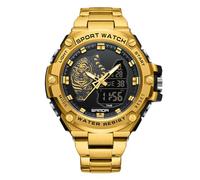 RORIOS Montre Électronique Double Affichage pour Homme 5ATM Étanche Digitale Quartz Multifonction Militaire Bracelet Acier Inoxydable Or Noir A