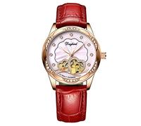 RORIOS Montre Femme Mécanique Automatique Remontoir Montre Cuir Bracelet Etanche Lumineux Montre Mode Diamant Montre Rose