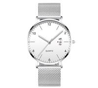 RORIOS Montre Homme Minimaliste Ultra Fine Quartz avec Fonction Date Bracelet Maille Acier Inoxydable Décontractée Affaires Porte Quotidienne Argent A