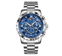 RORIOS Montres Bracelet Multifonction pour Homme Montre Élégant Diamant Watch Mode Analogique Quartz de Poignet Acier Inoxydable Chronographe Argent Bleu