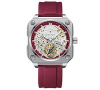 RORIOS Montres Bracelet pour Homme Automatique Mécanique Regarder Minimaliste Squelette Montre de Poignet Décontracté Mode avec Bracelet en Silicone Blanc Rouge B