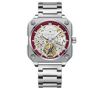 RORIOS Montres Bracelet pour Homme Automatique Mécanique Regarder Minimaliste Squelette Montre de Poignet Mode avec Bracelet en Acier Inoxydable Blanc Rouge A