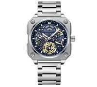 RORIOS Montres Bracelet pour Homme Automatique Mécanique Regarder Minimaliste Squelette Montre de Poignet Mode avec Bracelet en Acier Inoxydable Blanc Bleu A