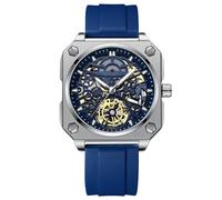 RORIOS Montres Bracelet pour Homme Automatique Mécanique Regarder Minimaliste Squelette Montre de Poignet Décontracté Mode avec Bracelet en Silicone Blanc Bleu B