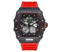RORIOS Montres Mode Tonneau pour Homme Montre de Poignet Punk Hollow Montre Analogique Quartz Montre Lumineuse Calendrier Bracelet en Silicone Rouge
