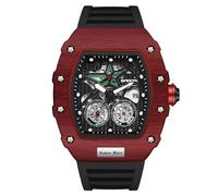RORIOS Montres Mode Tonneau pour Homme Montre de Poignet Punk Hollow Montre Analogique Quartz Montre Lumineuse Calendrier Bracelet en Silicone Rouge Noir