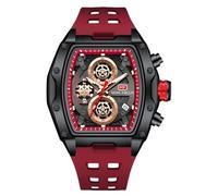 RORIOS Montres Tonneau pour Homme Montre de Poignet Mode Multifonction Montre Analogique Quartz Montre Punk Chronographe avec Bracelet en Silicone Rouge
