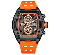 RORIOS Montres Tonneau pour Homme Montre de Poignet Mode Multifonction Montre Analogique Quartz Montre Punk Chronographe avec Bracelet en Silicone Orange
