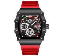 RORIOS Montres Tonneau pour Homme Montre de Poignet Mode Quartz Montre Lumineuse Analogique Montre Sport Acier Inoxydable avec Bracelet en Silicone Rouge