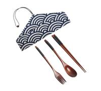 RORPOIR Ustensiles japonais en bois, cuillère, fourchette et baguettes, 1 set avec pochette de voyage en coton, pour repas quotidiens et rassemblements