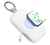 RORRY Batterie Externe de téléphone Portable 5000 mAh avec câbles intégrés, Porte-clés Compatible avec iPhone 16, 15, 14, 13, 12, 11, pour Apple Watch 10/9/Ultra 2/8/Ultra/7/6/SE/5/4/3, Blanc