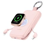 RORRY Chargeur portable, 10 000 mAh PD 20 W à charge rapide avec câbles intégrés, batterie de voyage pour iPhone 17/16/15/14/13/12 et Apple Watch Ultra/11/10/9/8/7/6/5, rose