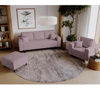 Rosa Ensemble rembourré en velours côtelé Monte Canapé-lit avec fauteuil avec pouf Ensemble rembourré avec pieds en bois, Tissu : poso 27 - Rosa