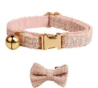 Rosa Katzenhalsband mit Fliege, gravierbarem Anhänger, weichem Polyester, verstellbar von 20 bis 32 cm, elegantes feminines Katzenhalsband für Katzen, mit leichter Glocke, goldener Schnalle und D-Ring